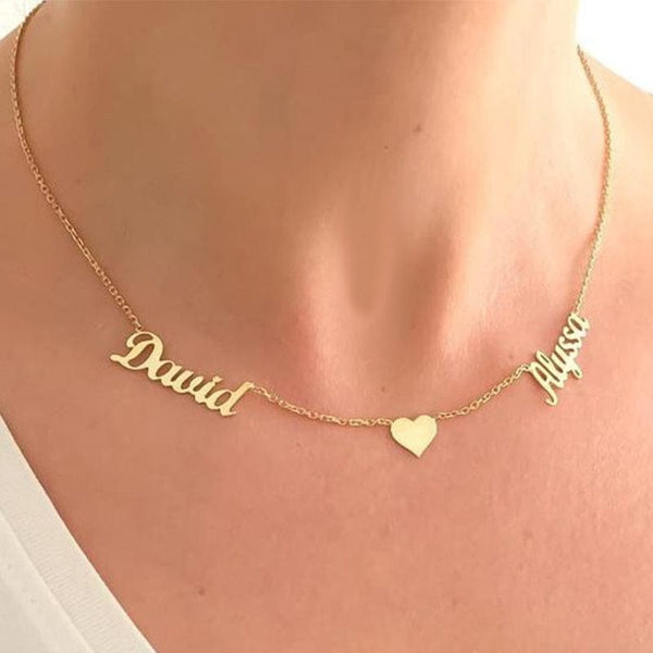 .925 Sterling Silver 2 Names Necklace with a heart in the middle and a choice of 14K plating