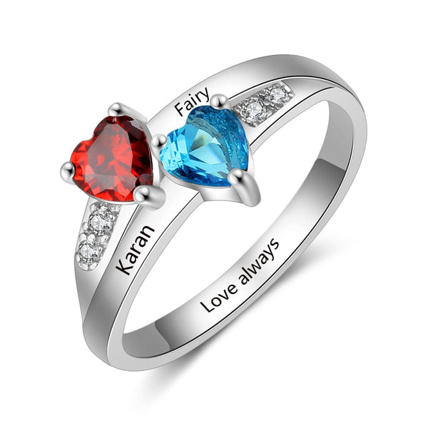 .925 Sterling Silver Heart Birthstone Ring with Personalized Names