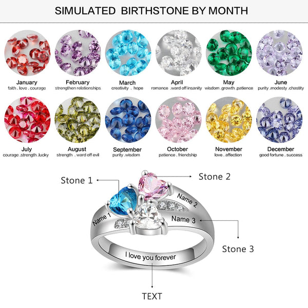 .925 Sterling Silver Flower Birthstone Family Ring with Laser Engraved Names Plus Message Inside the Ring