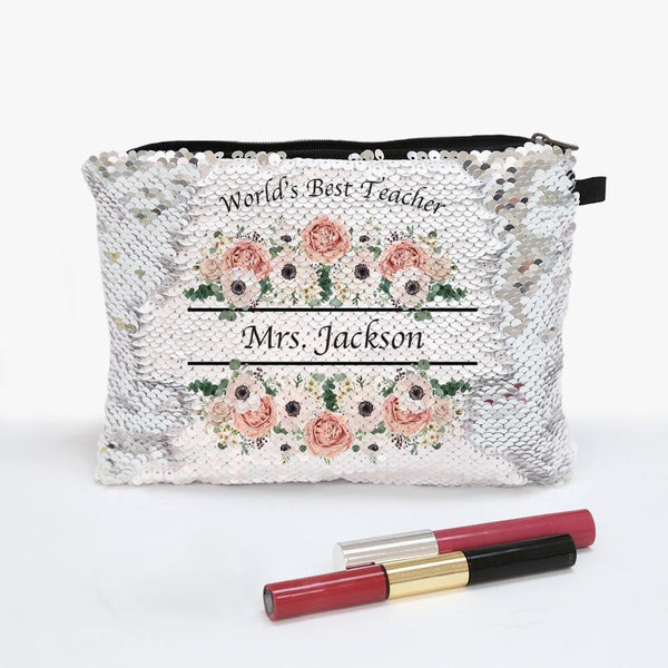 World's Best Teacher Custom Flip Sequin Makeup Pouch Bag.